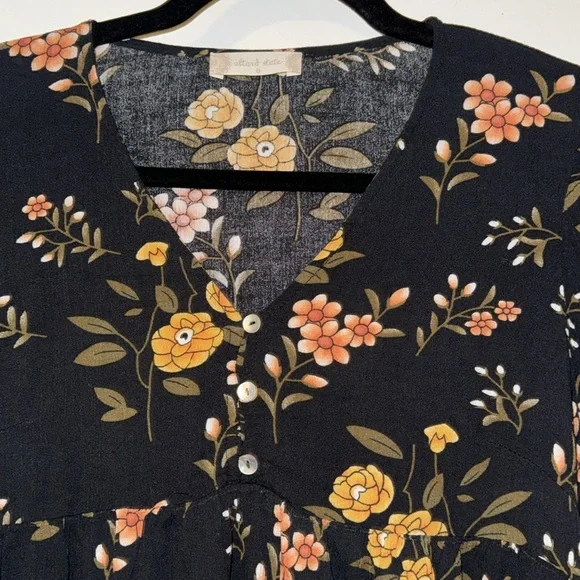 ALTAR’D STATE YELLOW FLORAL BLACK DRESS 🌼 Long Flare Sleeves and Empire Waist - Picture 2 of 10